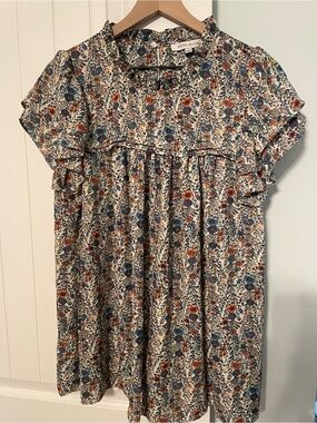 Rose & Olive Cream Floral Ruffle Blouse with Blue and Rust Flowers